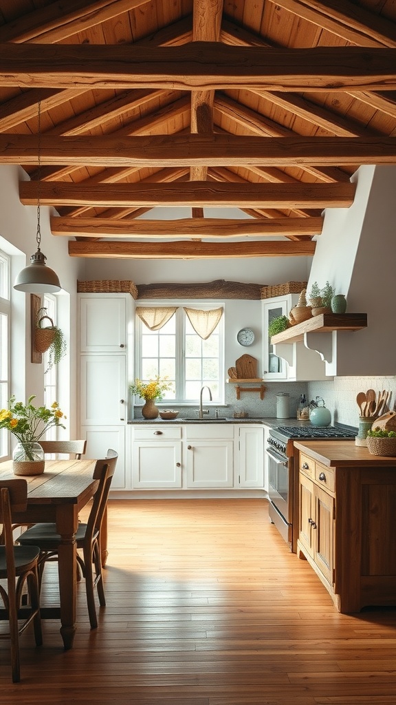 A country cottage kitchen featuring wood beam ceilings and a cozy atmosphere.