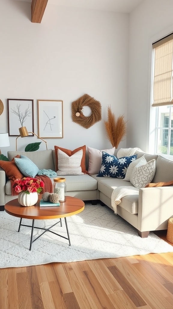 A cozy living room featuring an L shape sofa with colorful cushions, a coffee table with seasonal decor, and warm wooden flooring.
