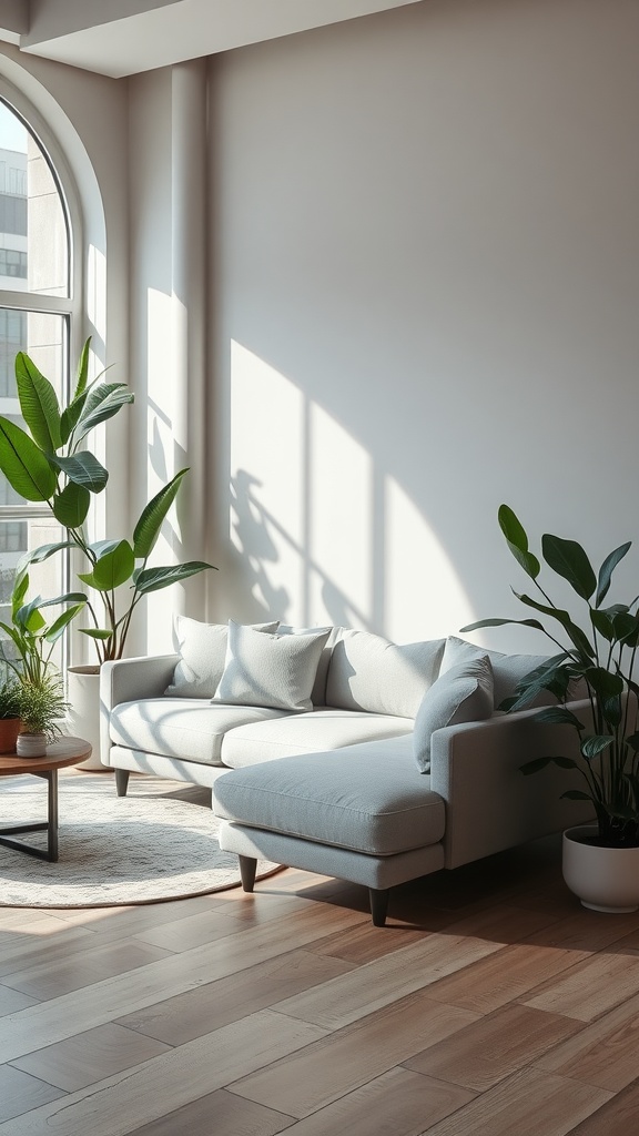 A cozy living room featuring an L shape sofa with green plants around it, creating a fresh and inviting atmosphere.