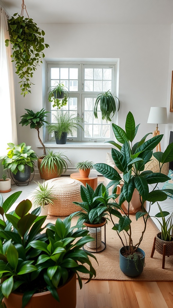 Cozy living room filled with various indoor plants, creating a warm and inviting atmosphere.
