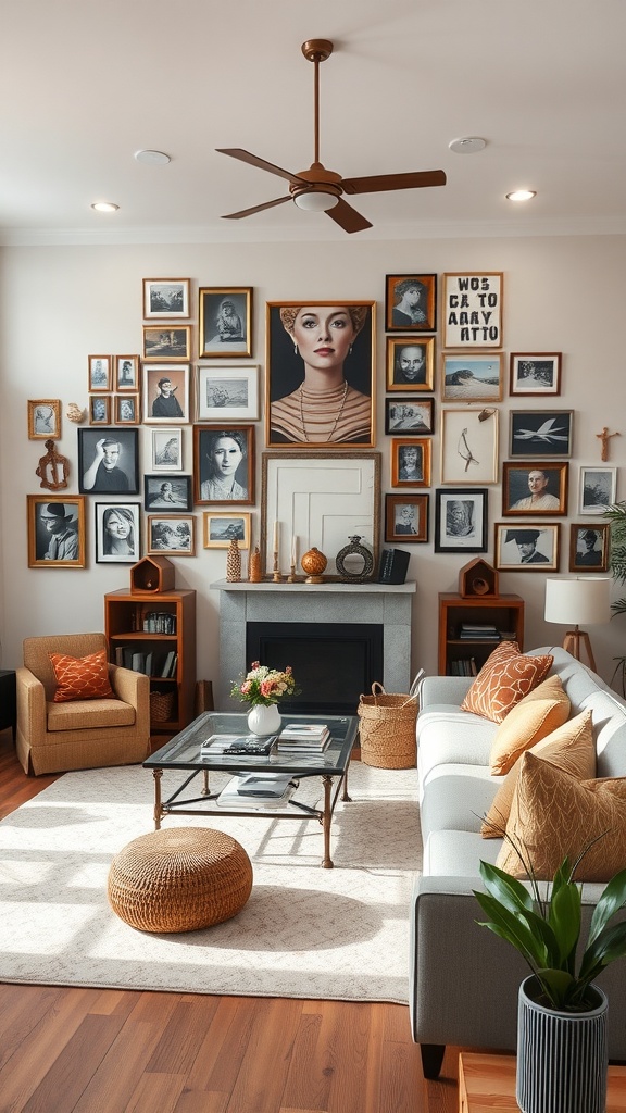 A cozy living room featuring a gallery wall of framed photos, comfortable seating, and decorative elements.