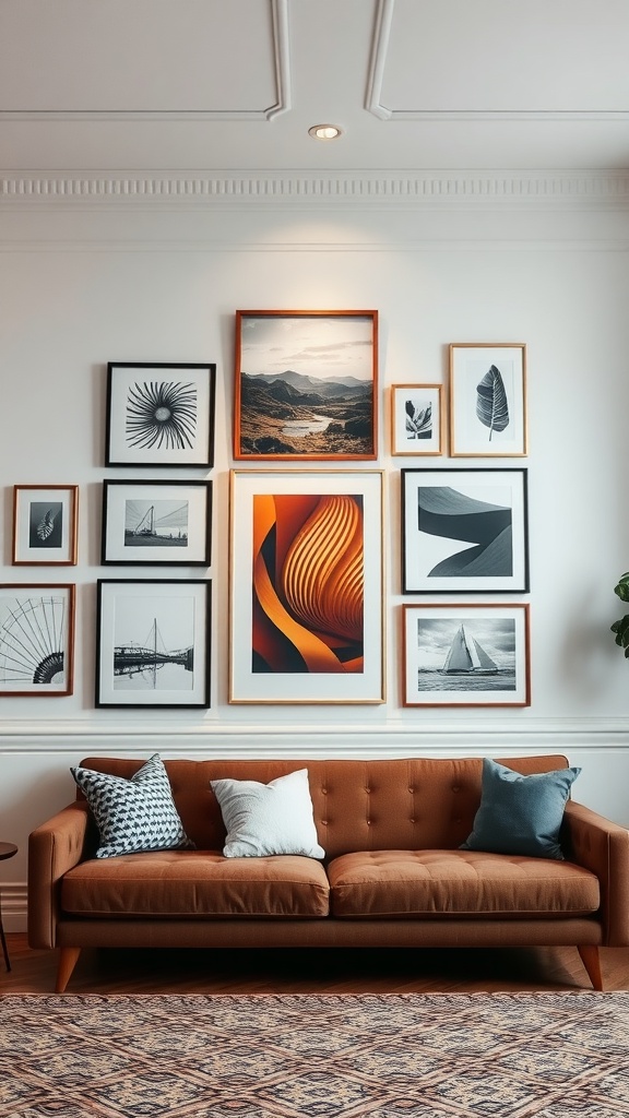 A cozy living room featuring a gallery wall with various art pieces in different sizes and shapes, complemented by a stylish brown sofa.
