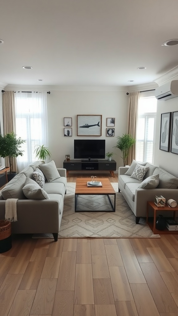 A living room featuring an L shape sofa, coffee table, and decorative elements.