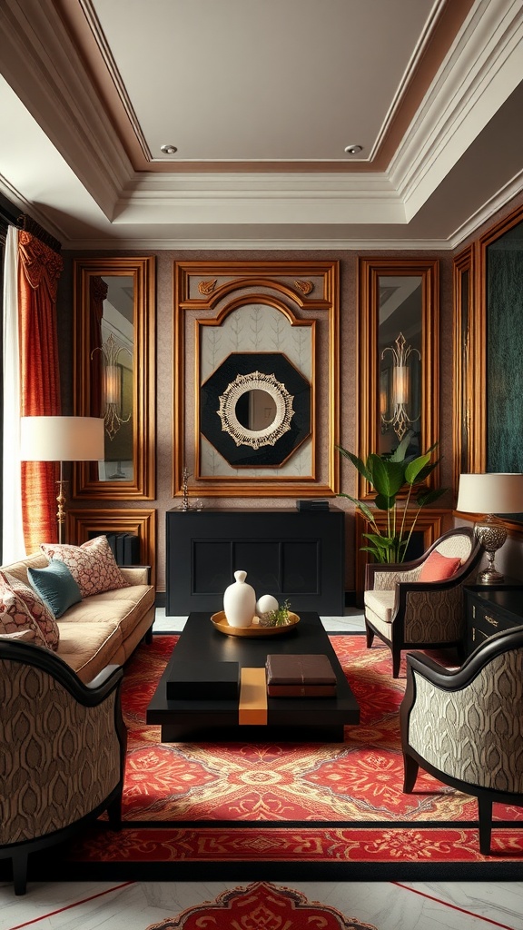 A luxurious Art Deco living room featuring plush sofas, ornate wall details, and a stylish coffee table.