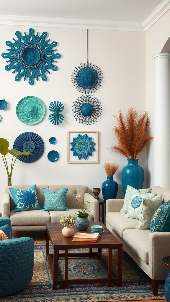 A cozy living room featuring blue and green artisan crafts on the walls, with comfortable seating and decorative elements.