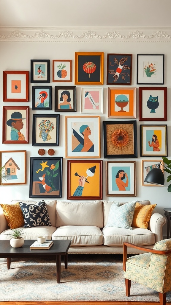 A whimsical living room featuring a colorful wall of framed art, showcasing various illustrations and styles.