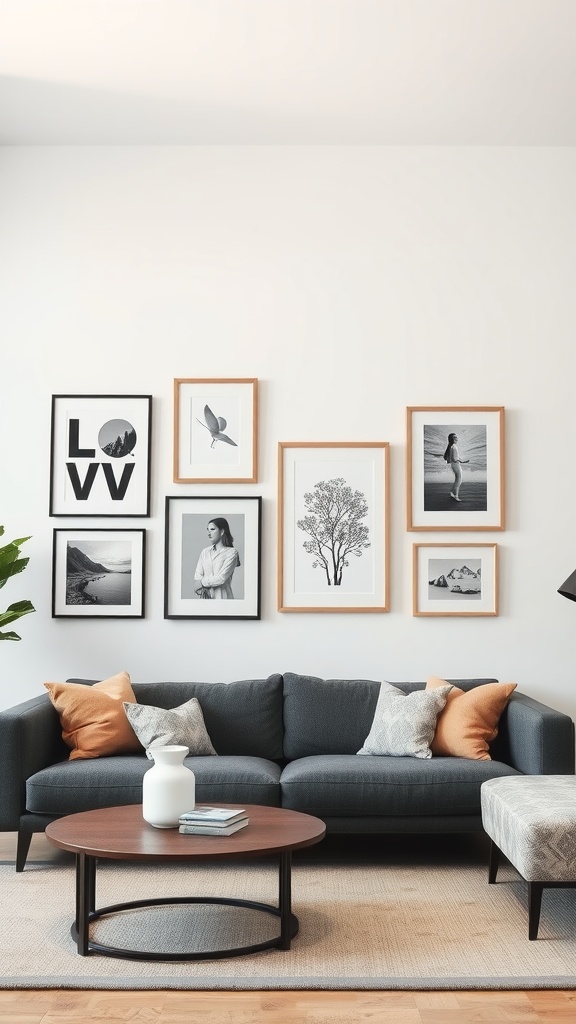 A stylish living room featuring a gallery wall with framed art, a gray sofa, and decorative cushions.