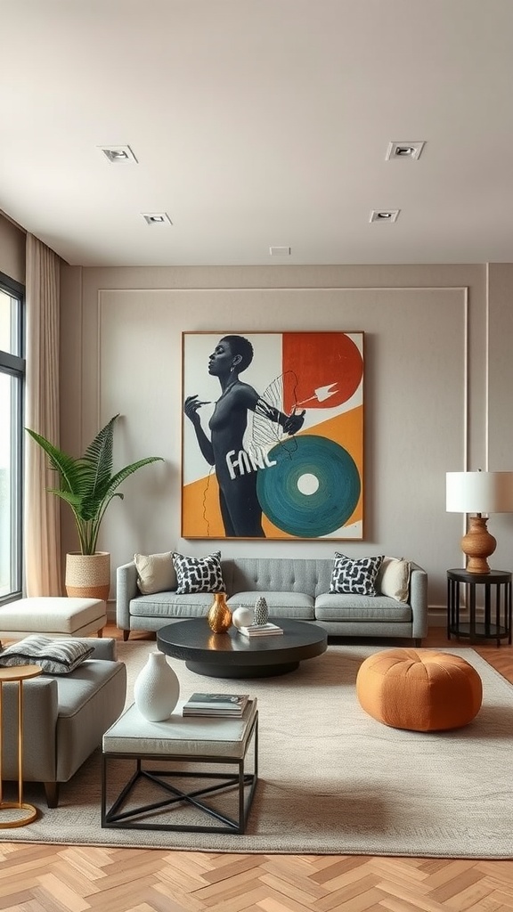 A stylish big living room with modern furniture, bold artwork, and decorative accessories.