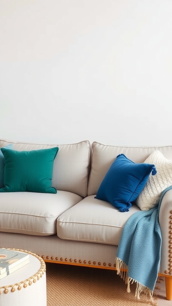 A cozy living room with a beige couch adorned with blue and green throw pillows and a knitted blanket.