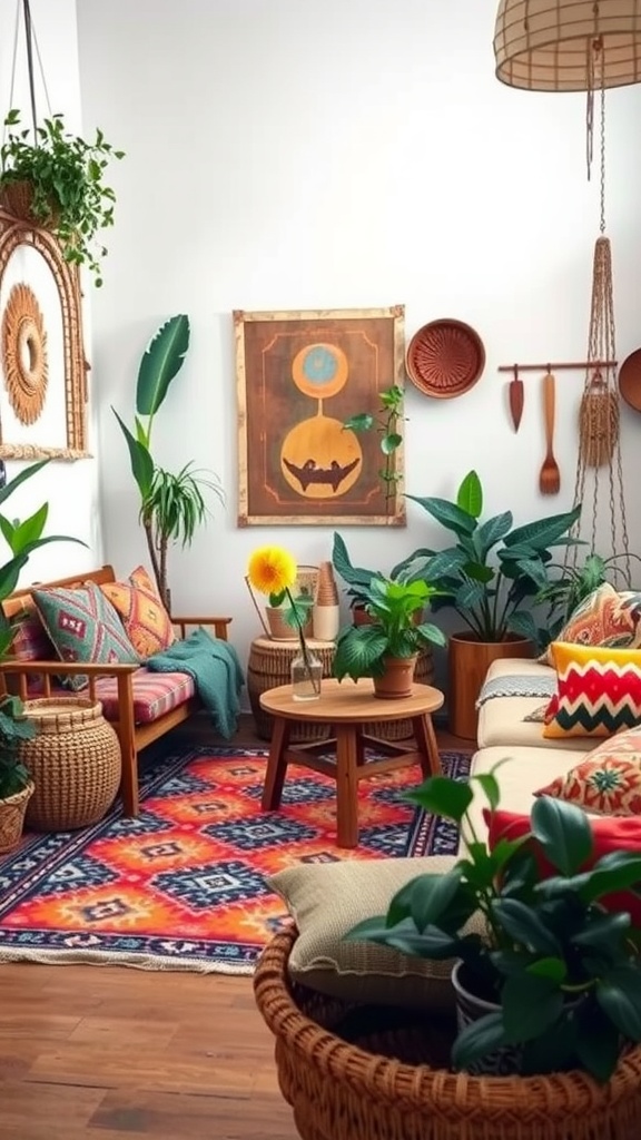 A cozy Bohemian living room with layered textiles, plants, and colorful decor.