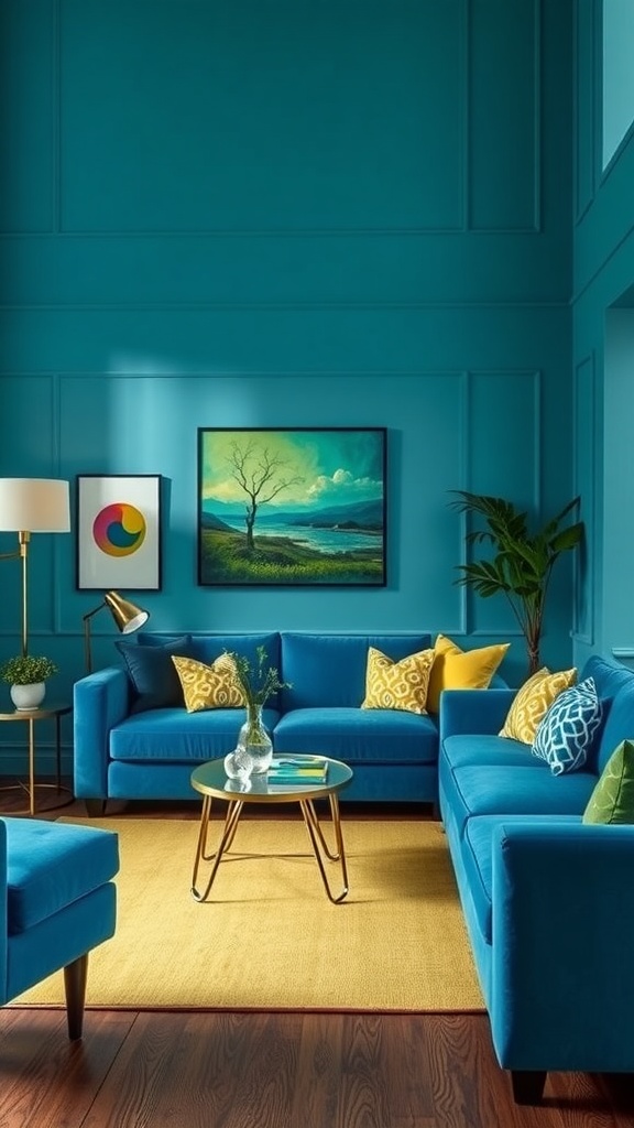 A vibrant living room featuring bold blue sofas, colorful cushions, and teal walls.