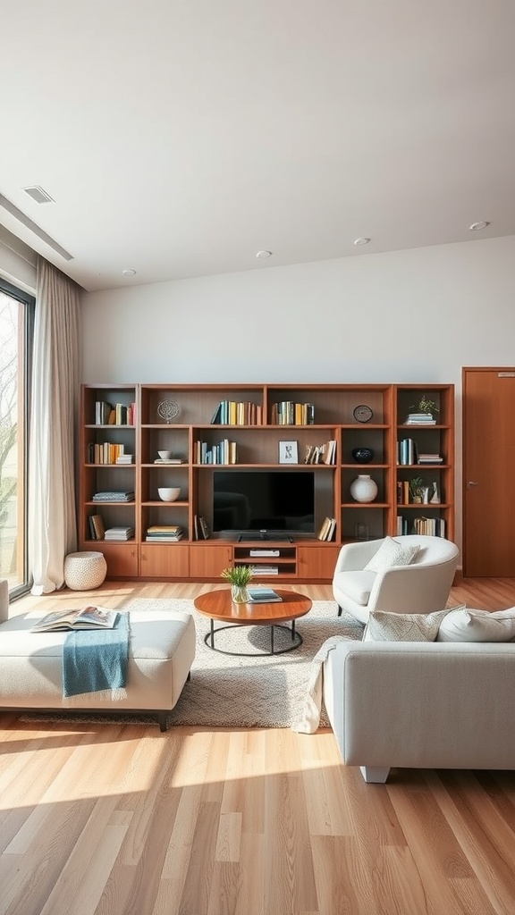 A stylish wooden bookshelf used as a room divider in a modern living room, filled with books and decorative items.