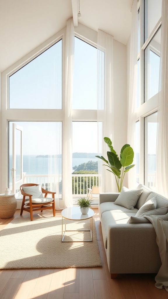 Bright and airy beach house living room with large windows and ocean view