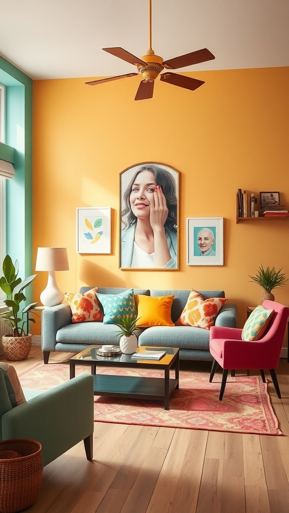 A whimsical living room with bright orange walls, teal sofa, colorful pillows, and vibrant artwork.