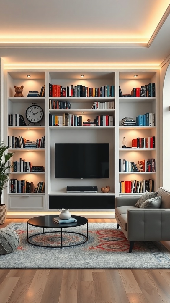 A modern living room featuring built-in bookshelves with integrated lighting, showcasing books and decorative items.