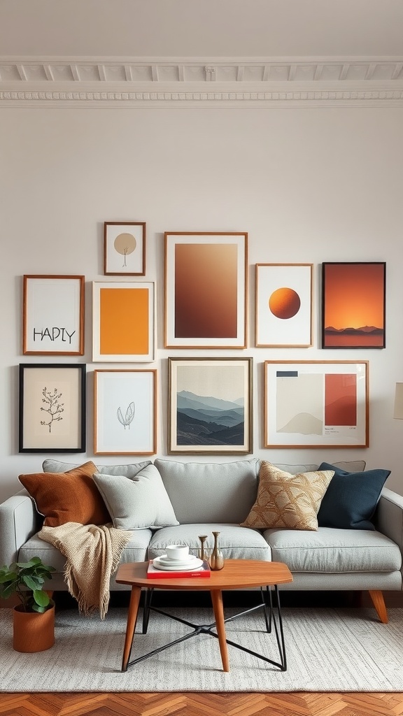 A cozy living room featuring a gallery wall with warm-toned artwork and a comfortable sofa.