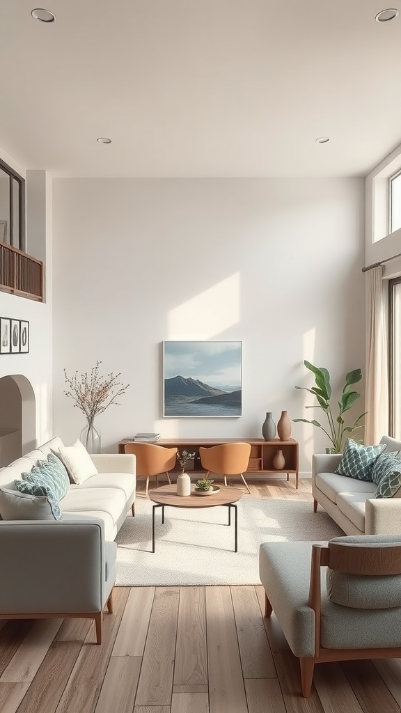 A spacious living room with neutral tones, light wood flooring, and blue accents in cushions and artwork.