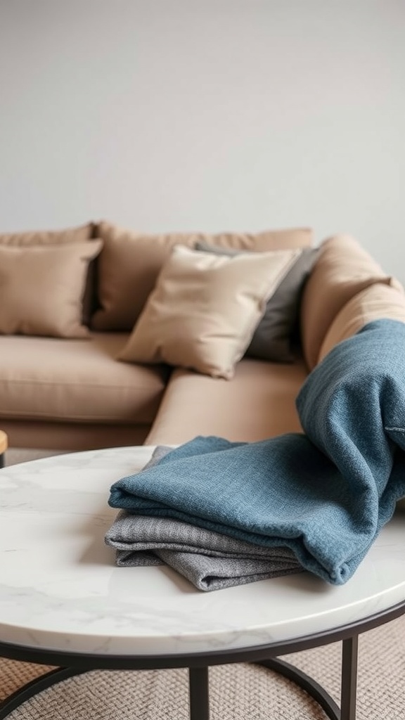 A cozy L-shaped sofa with soft cushions and a stylish throw blanket on a marble coffee table.
