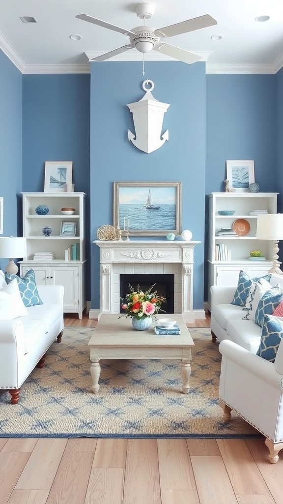 A coastal chic living room featuring blue walls, white furniture, nautical decor, and a floral centerpiece.