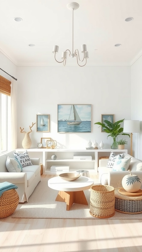 A bright coastal-themed living room featuring white sofas, nautical decor, and natural materials.
