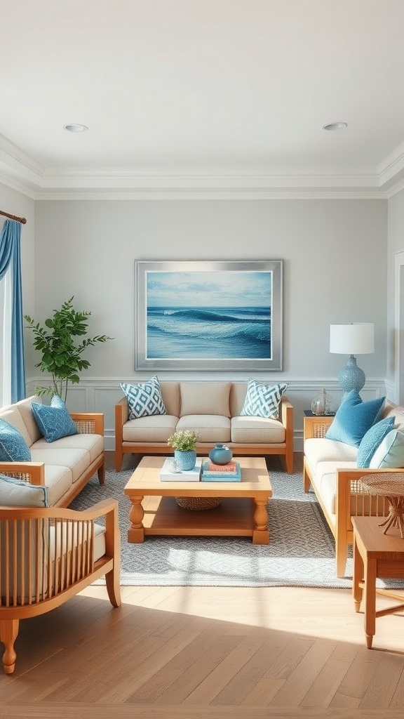A bright living room featuring light-colored sofas, blue accents, and coastal-themed decor.