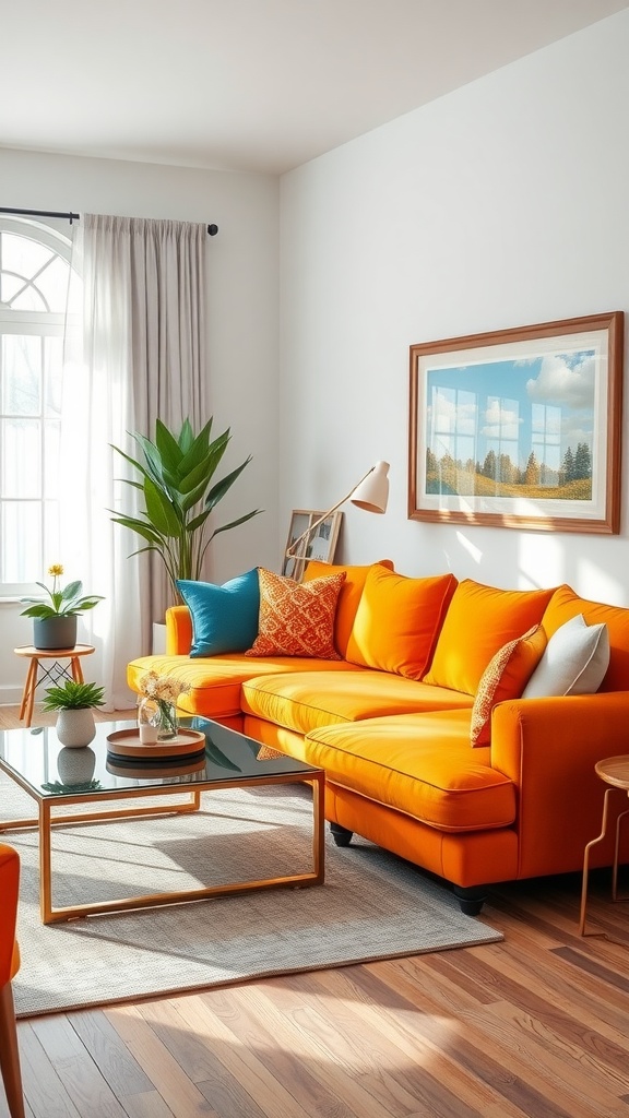 A living room featuring a vibrant orange L shape sofa with blue cushions, a glass coffee table, and potted plants.