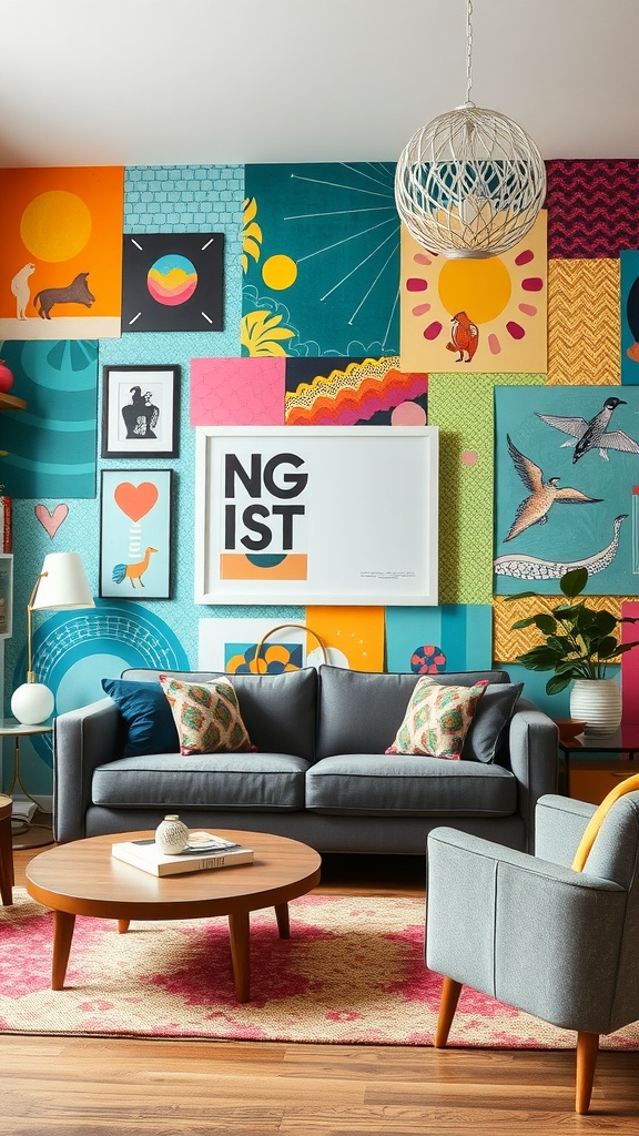 A whimsical living room with a colorful accent wall featuring various artworks and patterns.