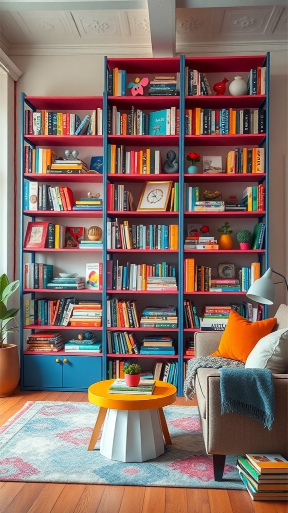Colorful bookshelves in a living room with a cozy seating area and decorative items.