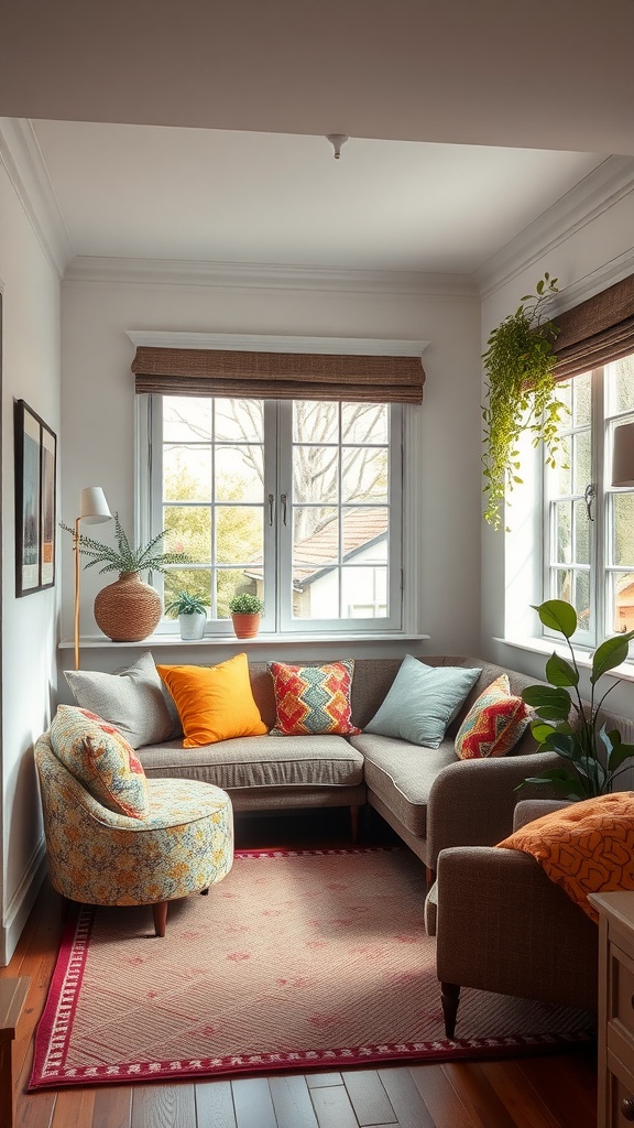 A cozy living room corner with a sectional sofa, colorful cushions, and potted plants by the window.