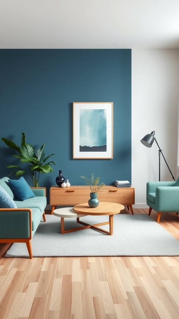 A stylish living room featuring blue and green furniture with warm wood accents.