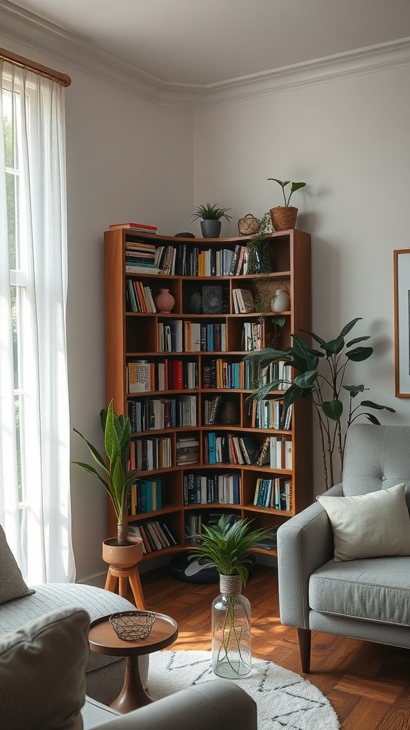 A cozy living room featuring a corner bookshelf filled with books and decorative plants.