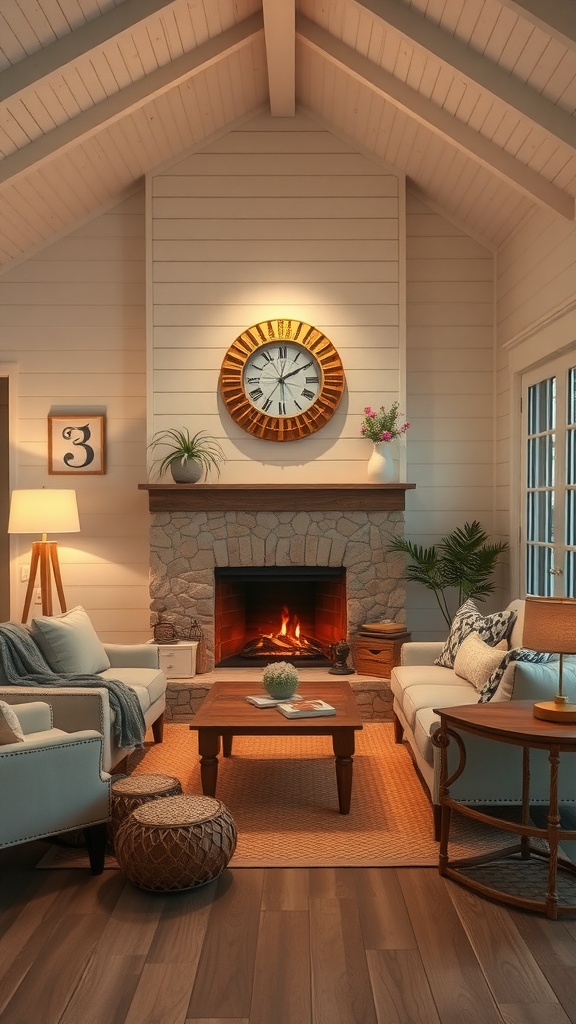 Cozy beach house living room with a fireplace, light-colored sofas, and a wooden coffee table.