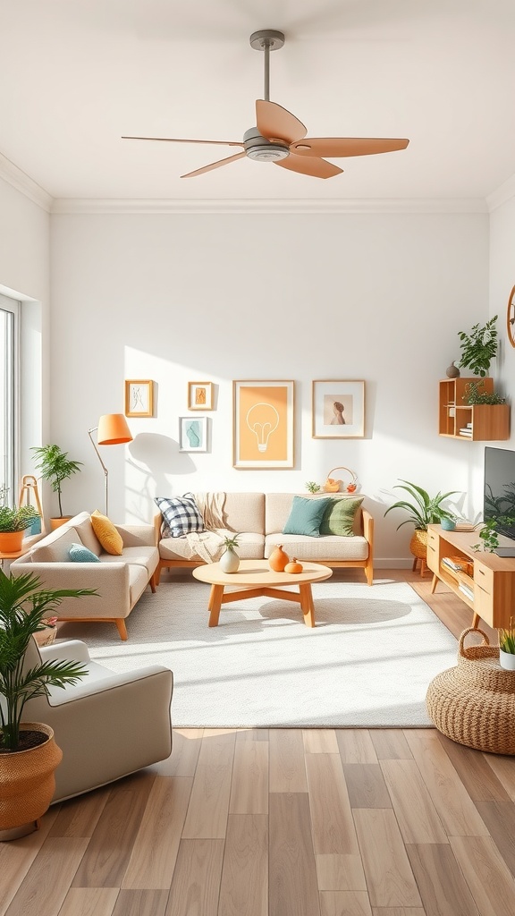 A bright and spacious living room with soft furniture, a coffee table, plants, and playful artwork.
