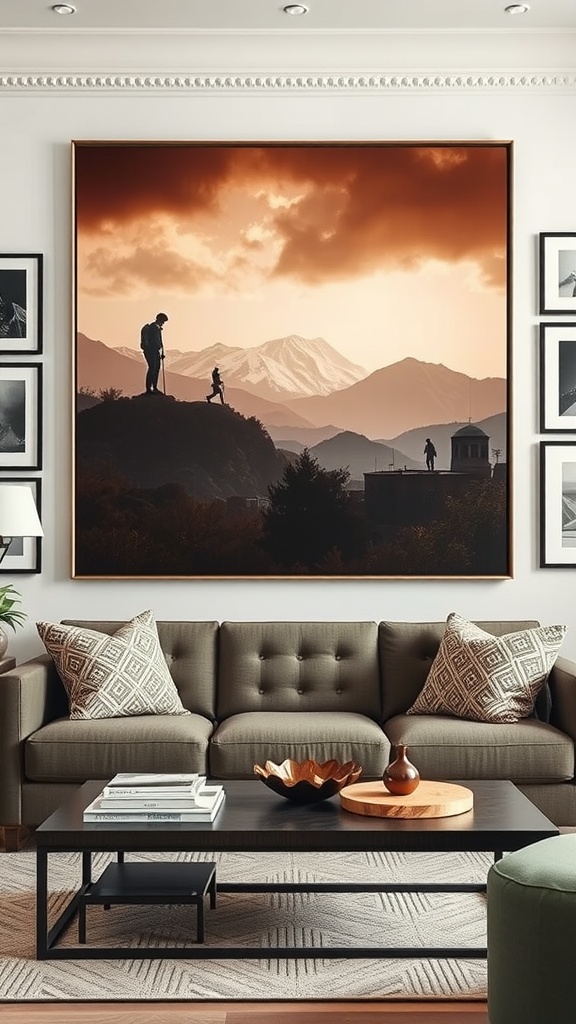 A cozy living room featuring a large landscape painting above a sofa, surrounded by smaller framed artworks.