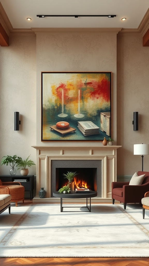A spacious living room featuring a vibrant piece of art above a fireplace, with cozy seating and warm lighting.