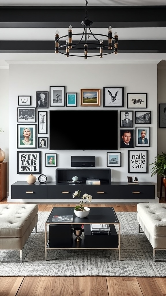 Gallery wall around a TV featuring various framed artworks and photographs.