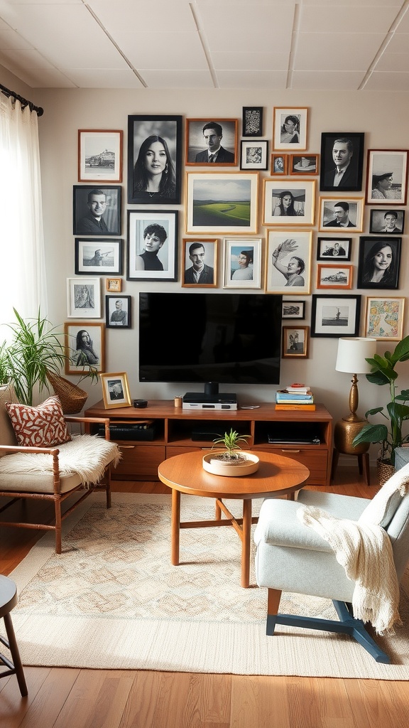 A cozy living room featuring a gallery wall of framed photographs and artwork, complemented by a warm color palette and inviting furniture.