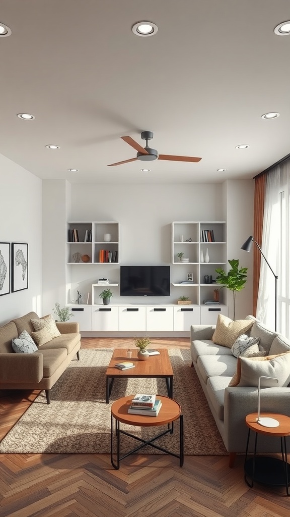 Cozy living room with two sofas, wooden coffee tables, and shelves filled with books and plants.