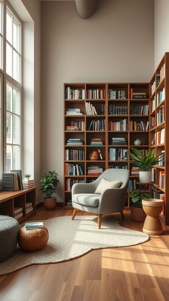 A cozy reading nook in a large living room featuring a comfortable chair, bookshelves, and plants.