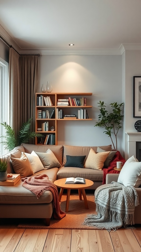 Cozy living room with a sectional sofa, colorful pillows, a small round table with an open book, and plants.