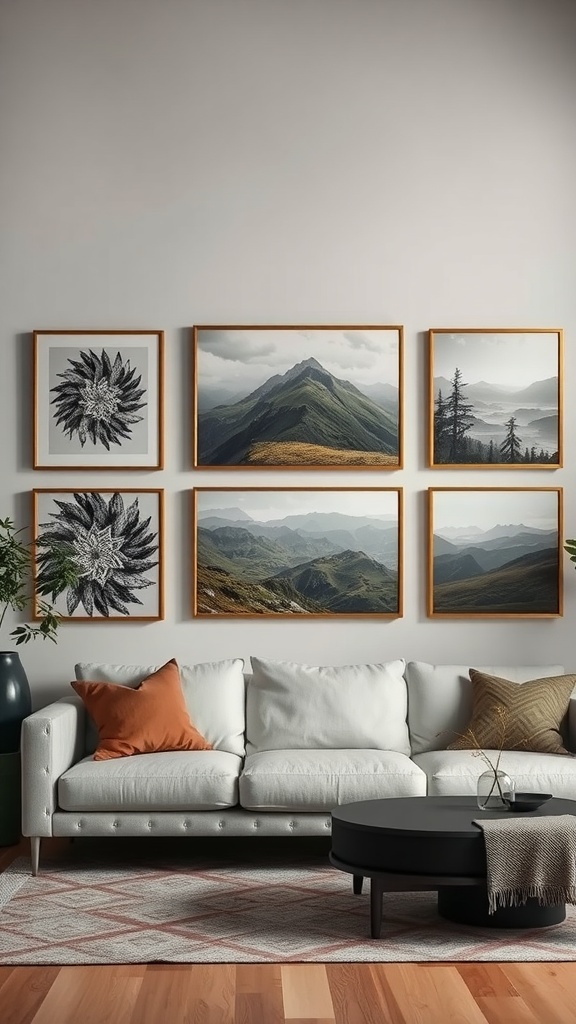 A living room with a gallery wall featuring nature-themed artwork in wooden frames.