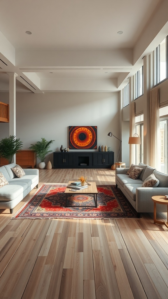 A spacious living room with two sofas, a coffee table, and a large rug, featuring natural light and plants.