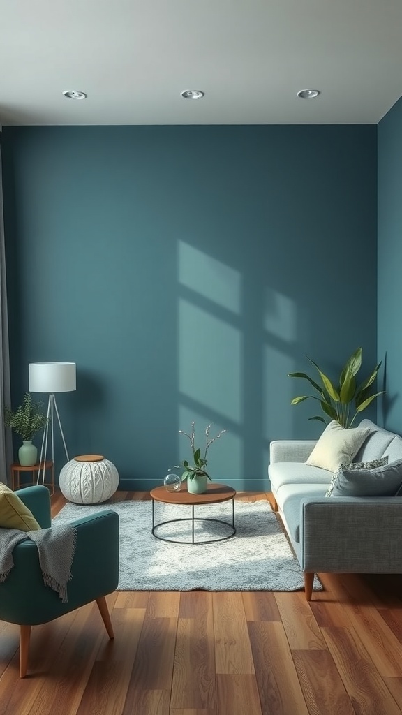 A cozy living room featuring a deep teal wall, light gray sofa, teal armchair, and green plants, with warm wooden flooring.