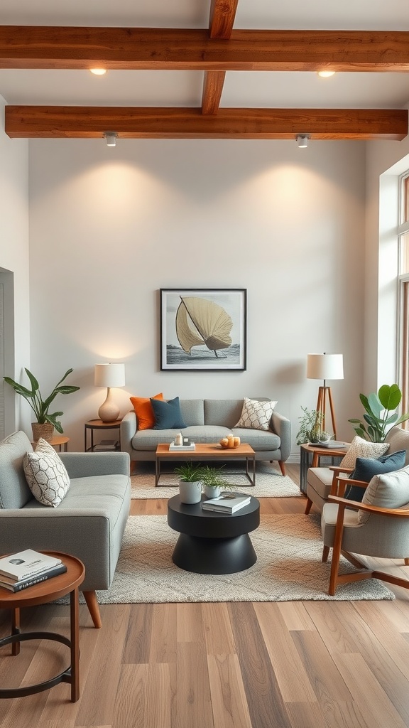 A cozy living room with two sofas, an armchair, a coffee table, and plants, arranged to create inviting zones.