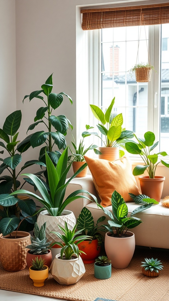 A cozy living room filled with various indoor plants in colorful pots, arranged near a window.