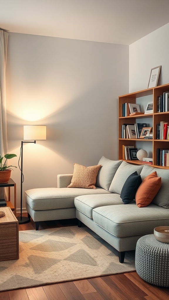 Cozy reading nook featuring an L shape sofa with colorful pillows, a side table, and a bookshelf.