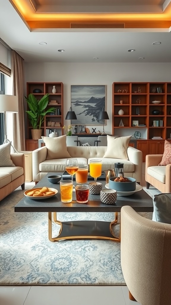A stylish living room designed for entertaining, featuring cozy seating, a coffee table with drinks and snacks, and decorative elements.