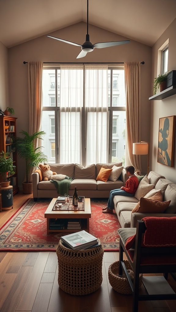 A spacious living room with a large sofa, coffee table, and natural light from big windows.