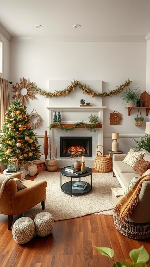 A cozy living room decorated for the holiday season with a Christmas tree, warm furniture, and festive accents.
