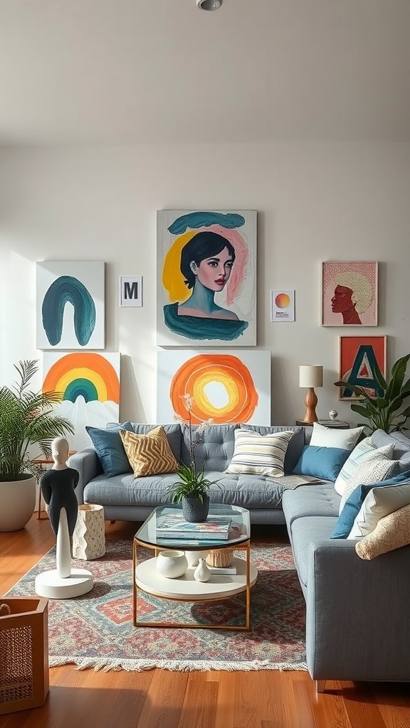A bright living room featuring colorful artwork on the walls, a cozy blue sofa, and decorative plants.